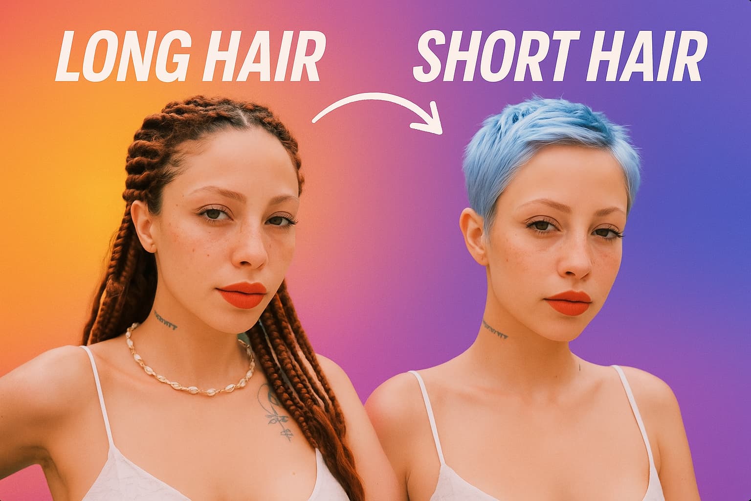 Transform female portrait with long hair into short hair