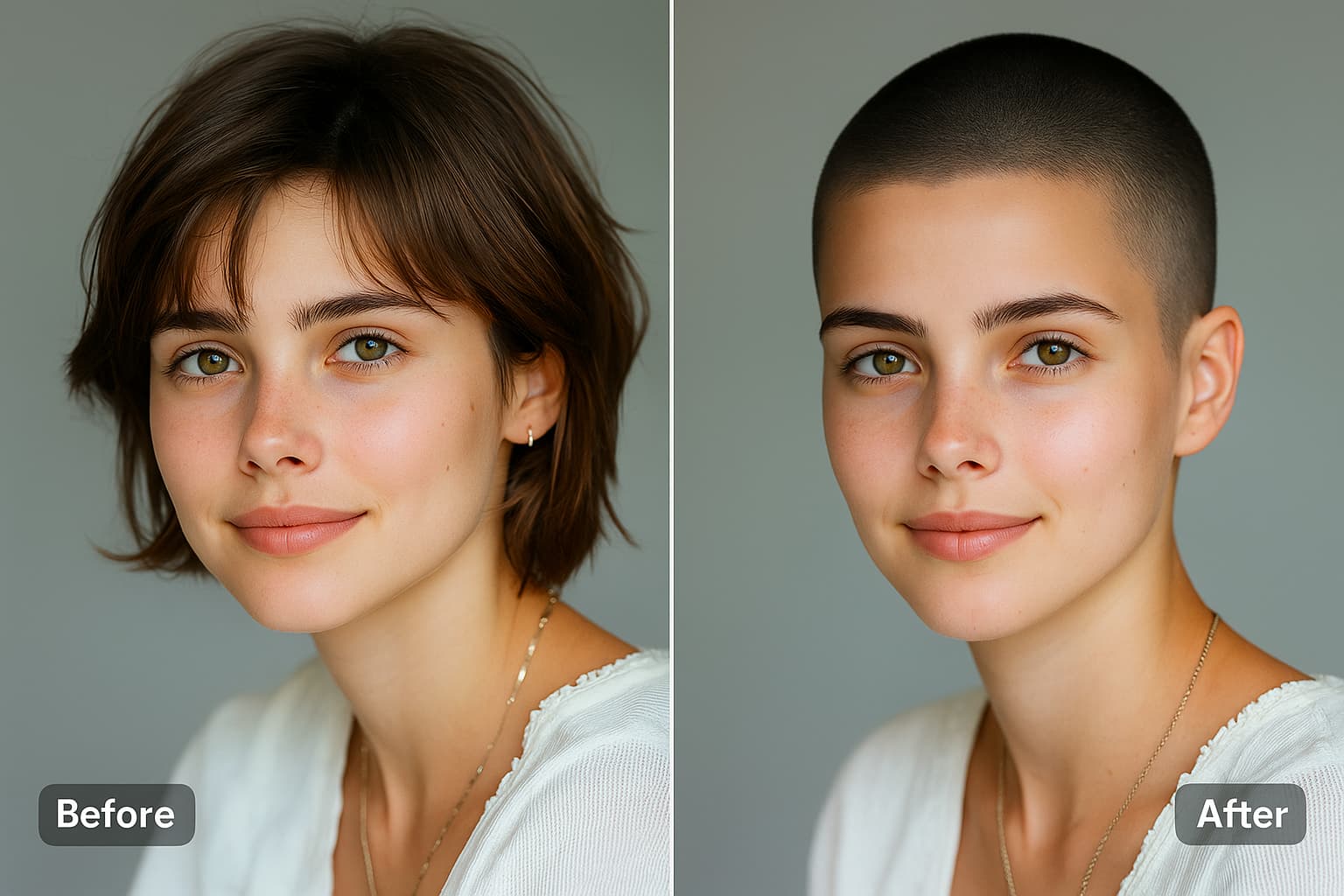 Turn female short hair portrait into buzz cut